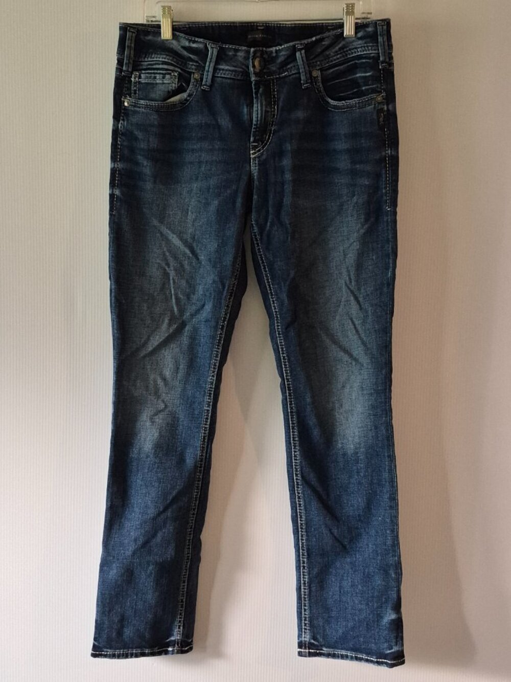 Silver Jeans Elyse Straight Leg Embroidered Denim Medium Wash Low Rise
